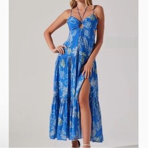 NEW ASTR Cassini Tiered Maxi Dress Blue Lemon Print Size Small S